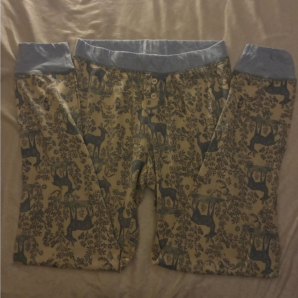 Free People Blue and Tan Pajama Bottoms Elastic Waist
